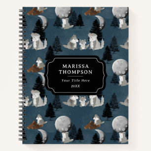 Cuaderno Manada de lobos lindos, bosque, cielo nocturno y l