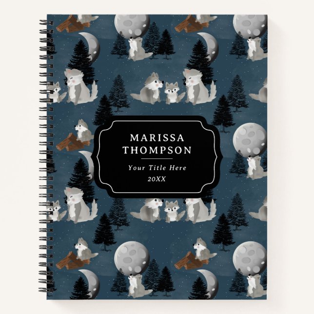Cuaderno Manada de lobos lindos, bosque, cielo nocturno y l (Anverso)
