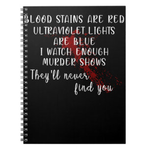 Cuaderno manchas de sangre son rojas, luces ultravioletas s