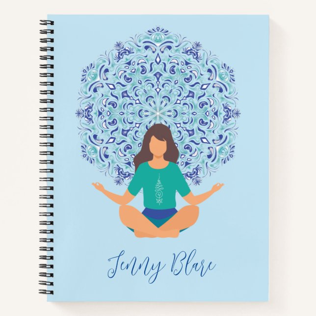 Cuaderno Mandala azul claro Yoga Pose Monograma Nombre (Anverso)