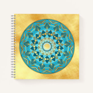 Cuaderno Mandalá azul dorado sobre fondo de oro suave