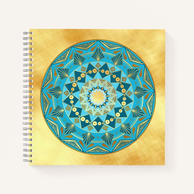 Cuaderno Mandalá azul dorado sobre fondo de oro suave (Anverso)