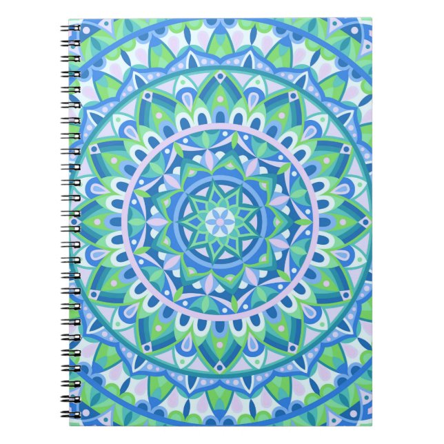 Cuaderno Mandala Azul Patrón Geométrico Boho Tranquilo Vibr (Frente)