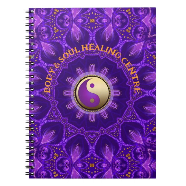 Cuaderno Mandala de curación de energía rosada de oro púrpu (Frente)