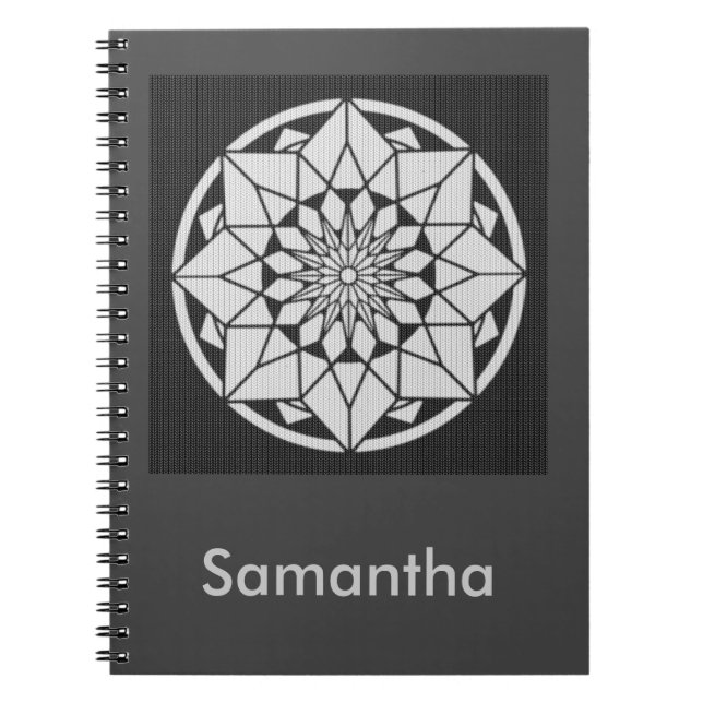 Cuaderno Mandala de estrellas tejiendo negro y blanco (Frente)