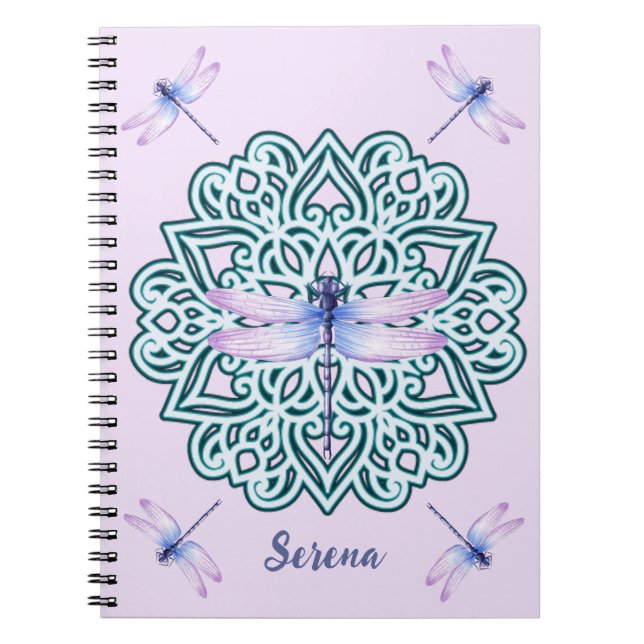 Cuaderno Mándala de libélula azul púrpura personalizada ros (Frente)