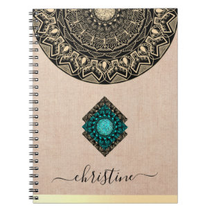 Cuaderno Mandalá de tela de arpillera beige con nombre en e