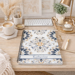Cuaderno Mandala Elegante Dorado Azul Marino Personalizado