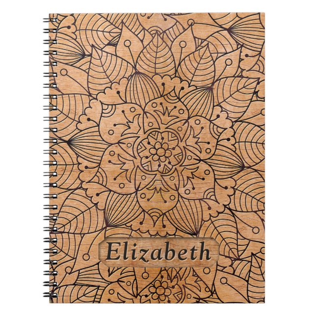 Cuaderno Mandala floral de madera tallada personalizada (Frente)