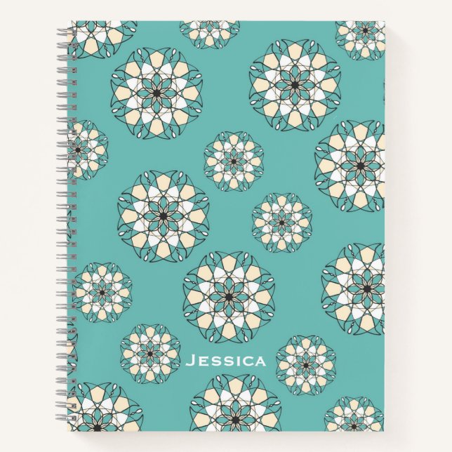Cuaderno Mandala floral geométrica Verde azulada y elegante (Anverso)