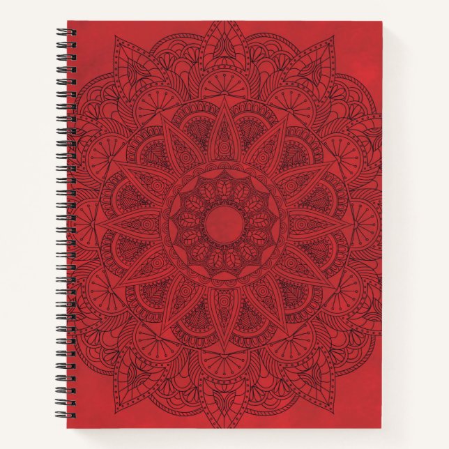 Cuaderno Mandala negra sobre fondo de manchas rojas (Anverso)
