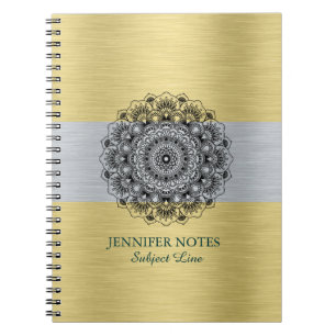 Cuaderno Mandala negra sobre oro metálico y plata