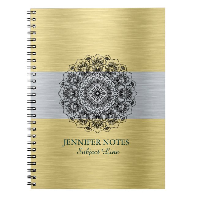 Cuaderno Mandala negra sobre oro metálico y plata (Frente)