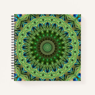 Cuaderno Mandalas de Plumas de Pavo Real Simetría Esmeralda