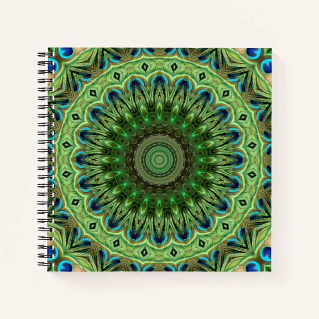 Cuaderno Mandalas de Plumas de Pavo Real Simetría Esmeralda (Anverso)