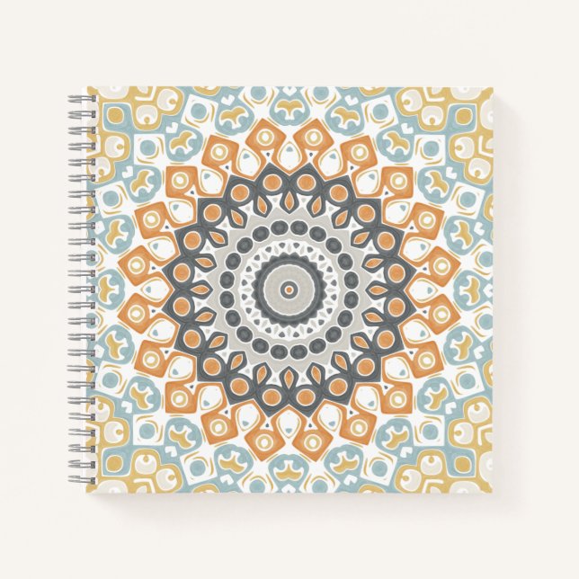 Cuaderno Mandalas geométricas en naranja, gris y azul (Anverso)