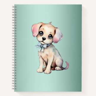Cuaderno Mano De Color De Agua Puppy Dibujado Con Bow Azul 