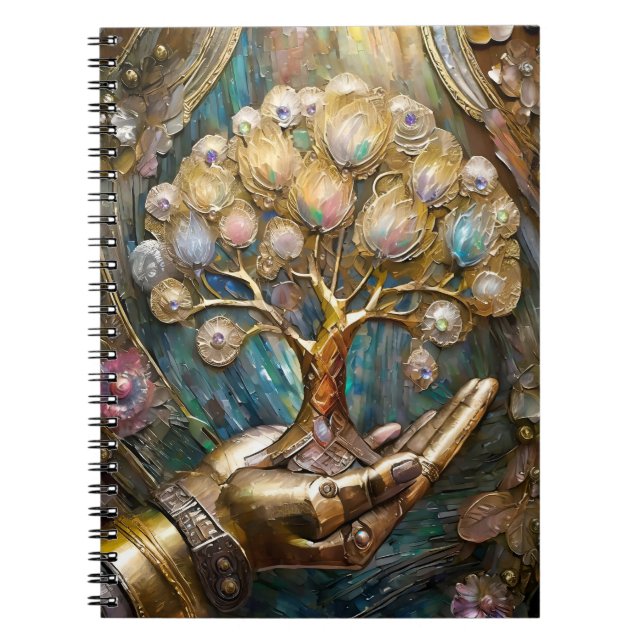 Cuaderno Mano De Robot Dorado Con Árbol De Oro De Vida (Frente)