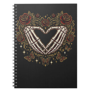 Cuaderno Manos de esqueleto corazón gótico floral rosa