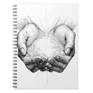 Cuaderno Manos sagradas sujetando el esbozo de la esfera ra