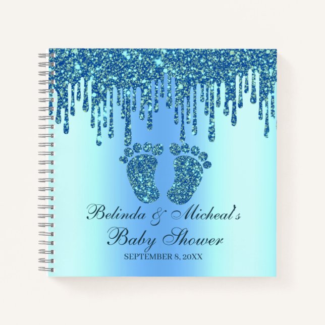 Cuaderno Manual de Baby Shower de purpurina Drip Blue Feet (Anverso)