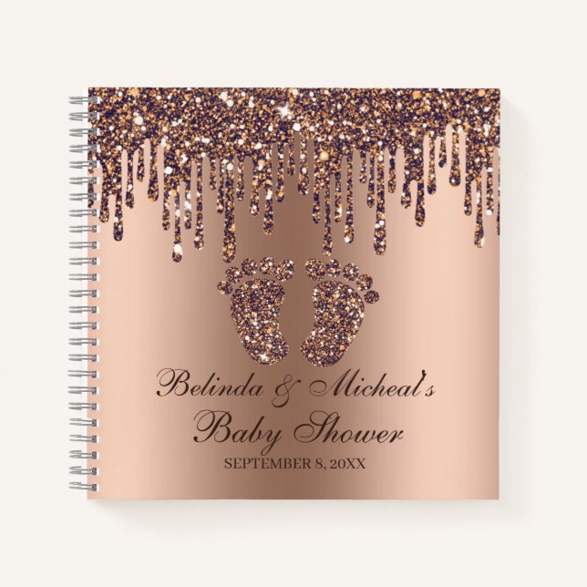 Cuaderno Manual de Baby Shower de purpurina Drip Bronze Fee (Anverso)
