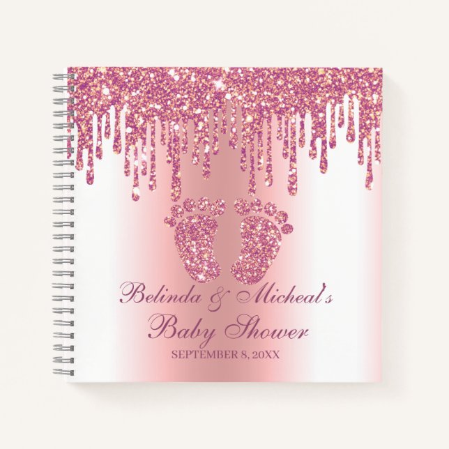 Cuaderno Manual de Baby Shower de purpurina Drip Pies Rosad (Anverso)