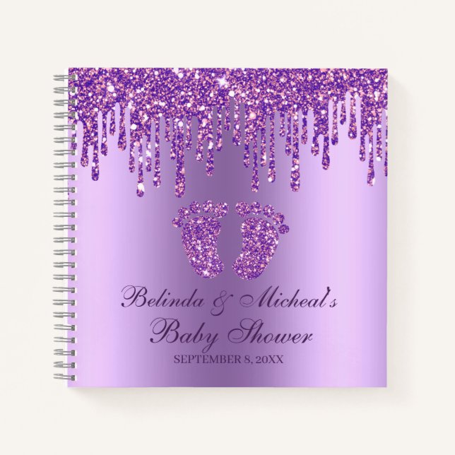 Cuaderno Manual de Baby Shower de purpurina Drip Purple Fee (Anverso)