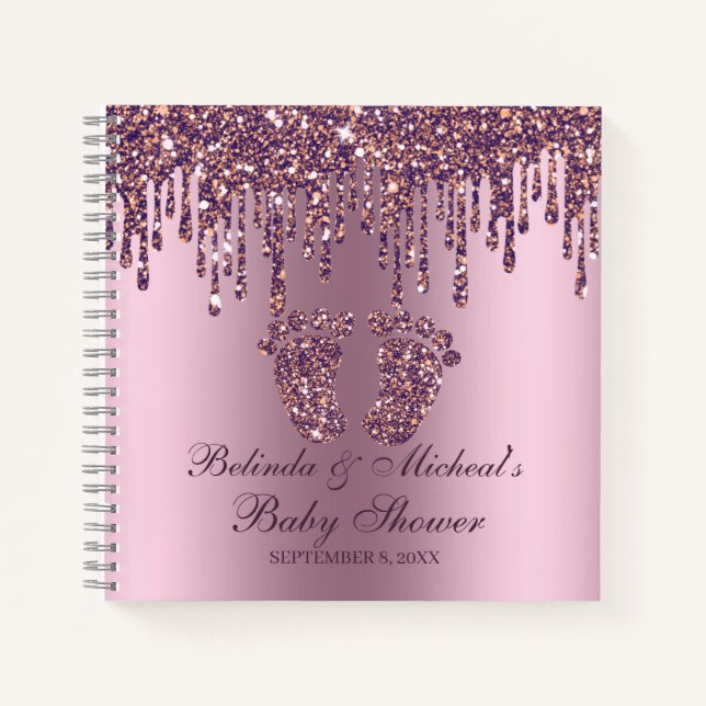 Cuaderno Manual de Baby Shower de purpurina Drip Purple Fee (Anverso)