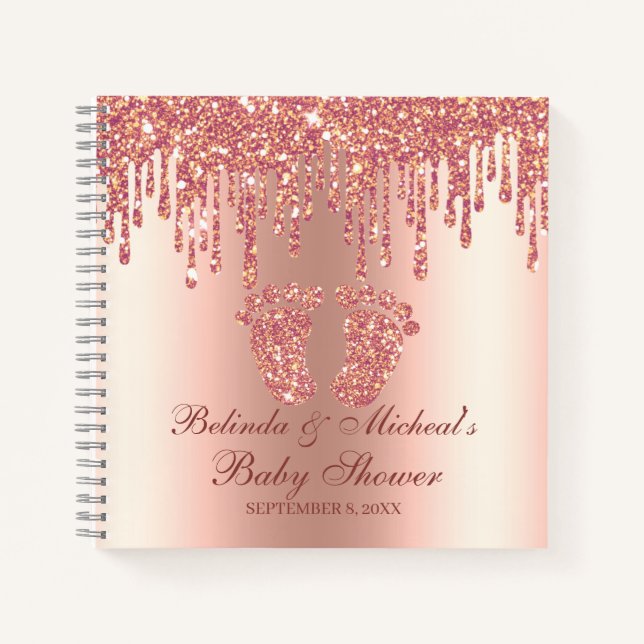 Cuaderno Manual de Baby Shower de purpurina Drip Rosa Gold  (Anverso)