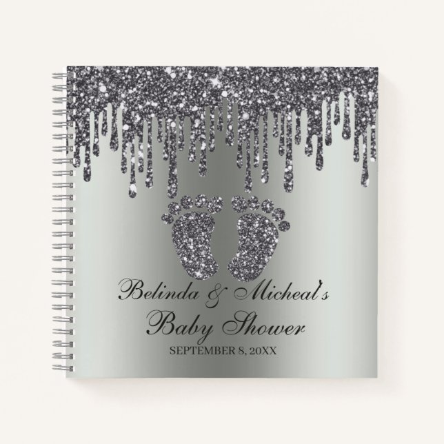 Cuaderno Manual de Baby Shower de purpurina Drip Silver Fee (Anverso)