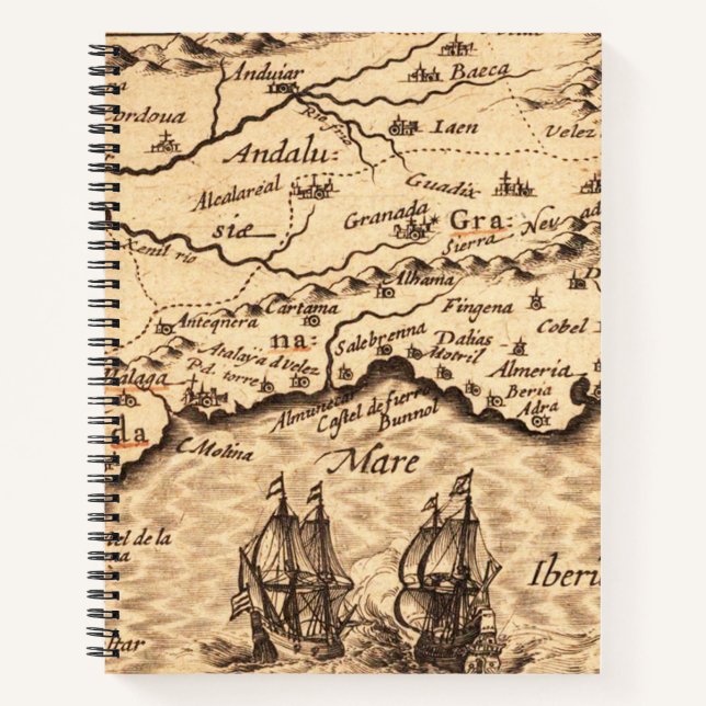 Cuaderno Mapa antiguo de la costa española con galeones de  (Anverso)