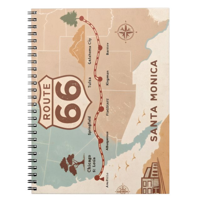 Cuaderno Mapa Antiguo de la Ruta 66 con Ciudades Históricas (Frente)