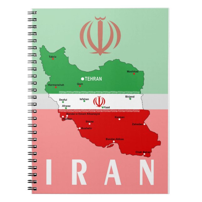 Cuaderno Mapa de Irán con bandera y emblema (Frente)