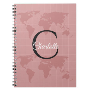 Cuaderno Mapa del mundo rosa personalizado con monograma de