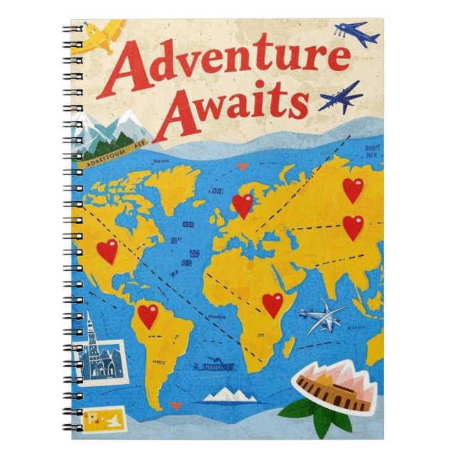 Cuaderno Mapa del mundo salpicado de pines cardíacos y punt (Frente)
