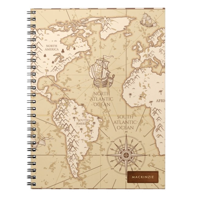 Cuaderno Mapa del mundo vintage con nombre (Frente)