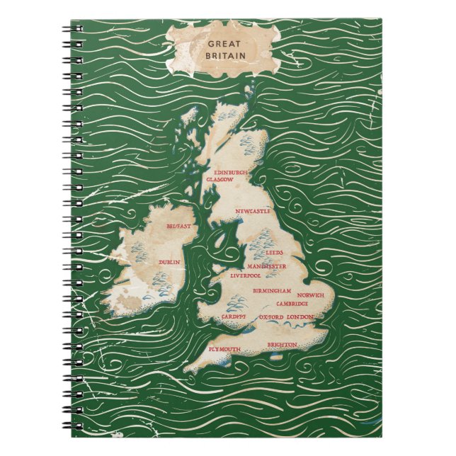 Cuaderno Mapa del Reino Unido Póster verde vintage (Frente)