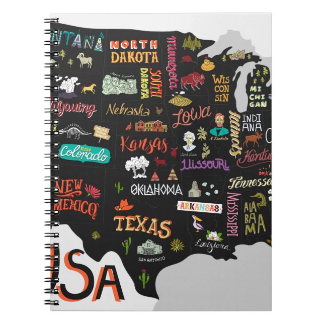 Cuaderno Mapa ilustrado de Estados Unidos. Poster con estad (Frente)