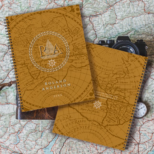 Cuaderno Mapa Monograma de Cuerda Náutica Marrón (Nautical Map Monogram Traveller Brown Notebook.)