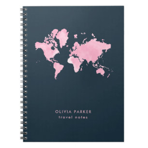 Cuaderno Mapa mundial de color rosa de Rubor sobre azul mar
