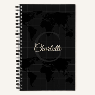 Cuaderno Mapa Mundial Monograma Nombre Blanco Negro Persona