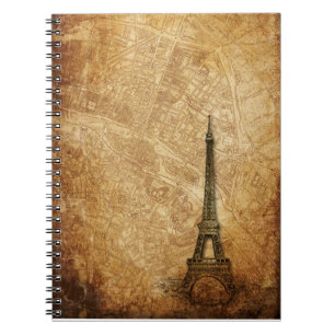 Cuaderno Mapa y torre Eiffel viejos de París