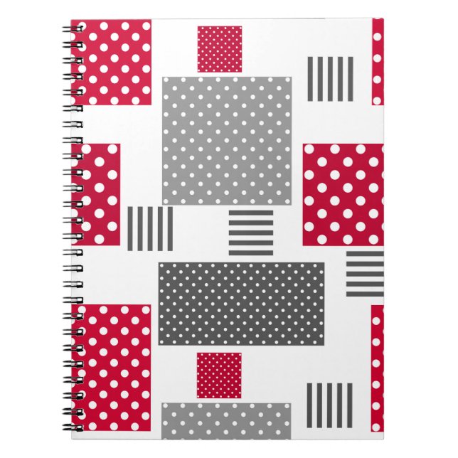 Cuaderno Maqueteo de puntos de polka roja gris sobre fondo  (Frente)
