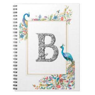Cuaderno Marco con pavos reales y flores de acuarela - B