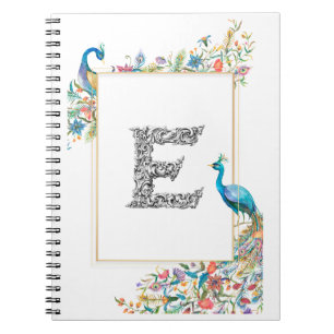 Cuaderno Marco con pavos reales y flores de acuarela - E