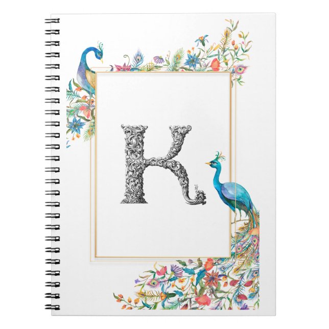 Cuaderno Marco con pavos reales y flores de acuarela - I (Frente)