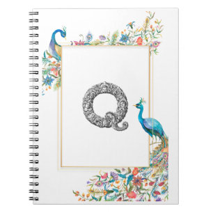 Cuaderno Marco con pavos reales y flores de acuarela - q