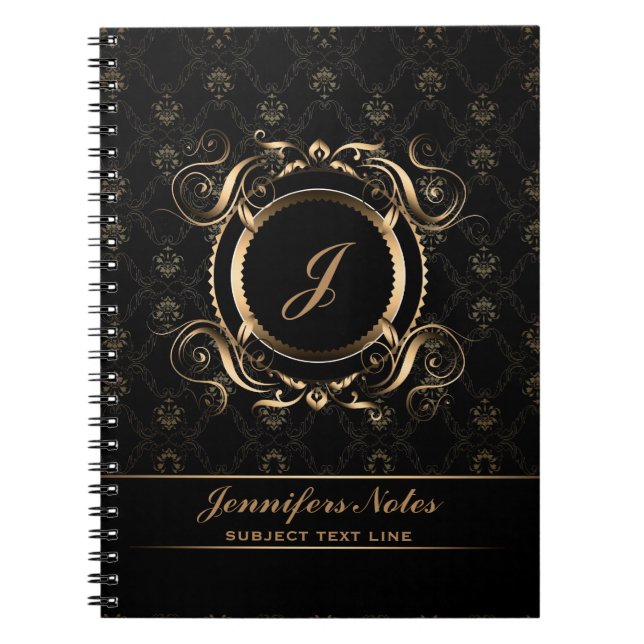 Cuaderno Marco de círculo floral monogramado negro y dorado (Frente)