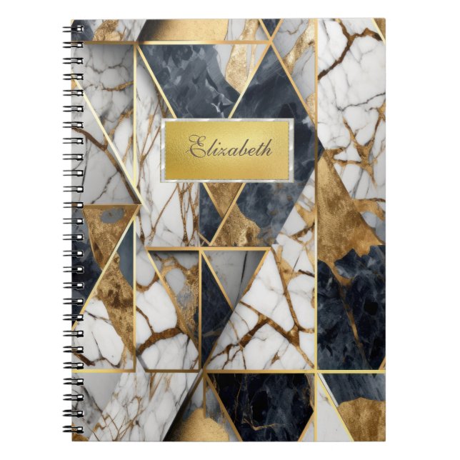 Cuaderno Marco de Oro Moderno, Mármol Geométrico Negro (Frente)